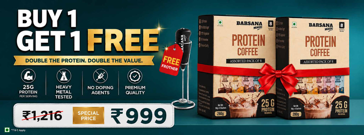 Barsana Magic and Promotional banner for Barsana Protein Coffee with 'Buy 1 Get 1 Free' offer on a blue background.