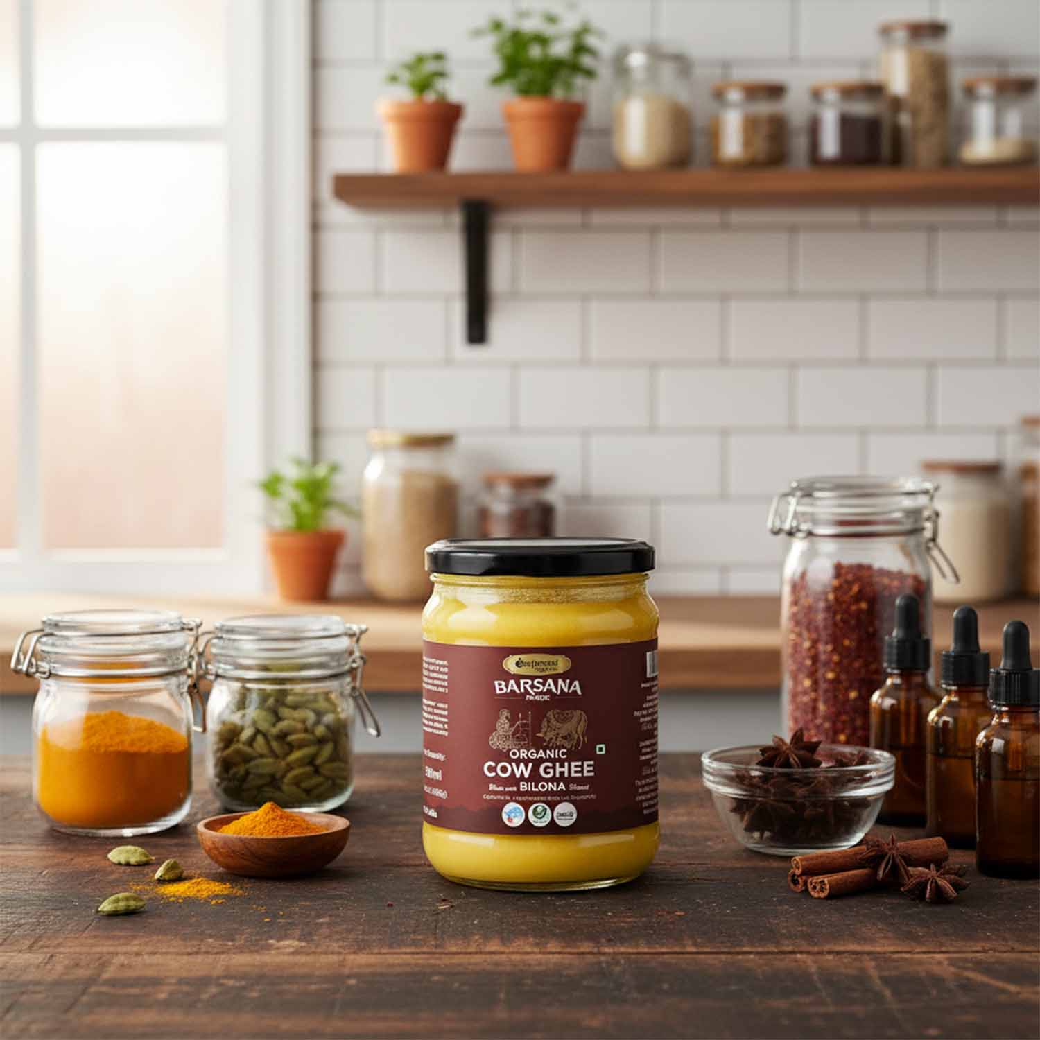Barsana Magic and Jar of Organic Cow Ghee on a kitchen counter with various spices and ingredients.