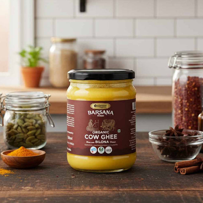 Barsana Magic and Jar of Organic Cow Ghee on a kitchen counter with various spices and ingredients.