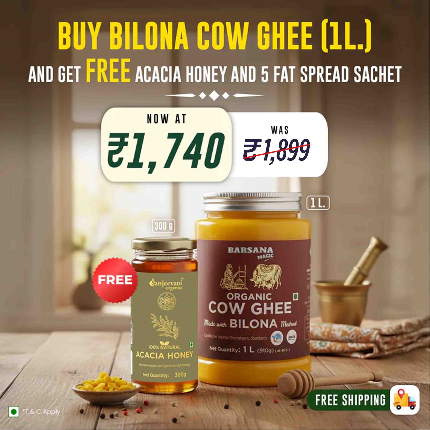 Barsana Magic and Bilona Cow Ghee with free Acacia honey and fat spread on a wooden table.