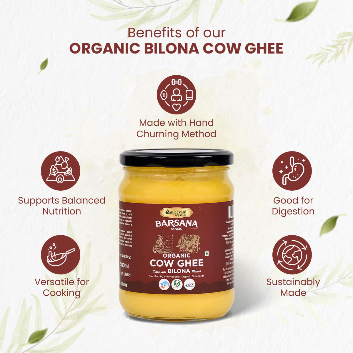 Golden-hued Barsana Magic Organic Bilona Cow Ghee in a glass jar, crafted traditionally for pure, nutrient-rich goodness.
