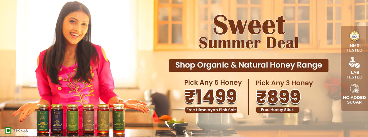 Barsana Magic and Woman in a pink dress standing behind honey jars with promotional text for a 'Sweet Summer Deal' on organic honey.