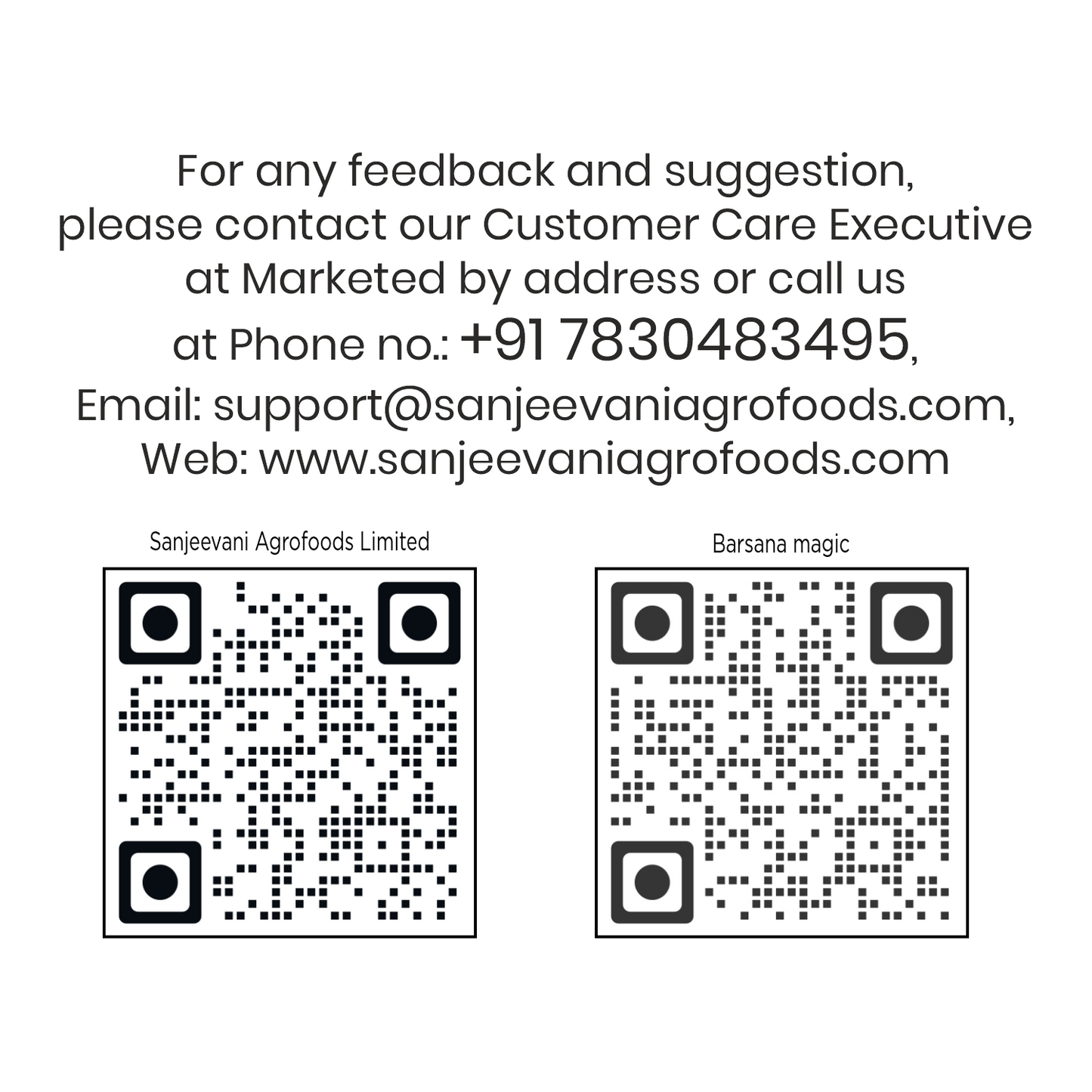 Barsana Magic and Contact information for Sanjeevani Agrofoods Limited with QR codes on a white background