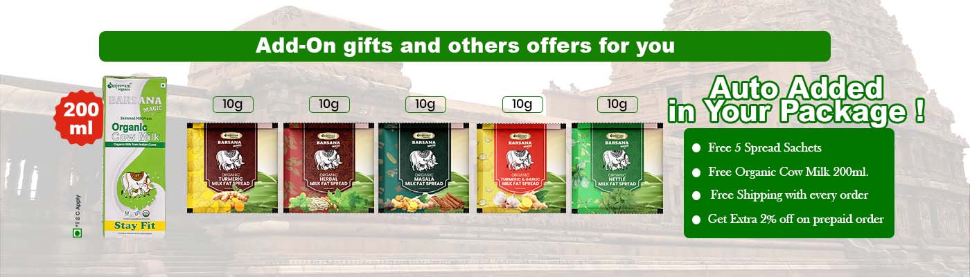 Barsana Magic and Promotional banner for add-on gifts and package offers with various product packages displayed.