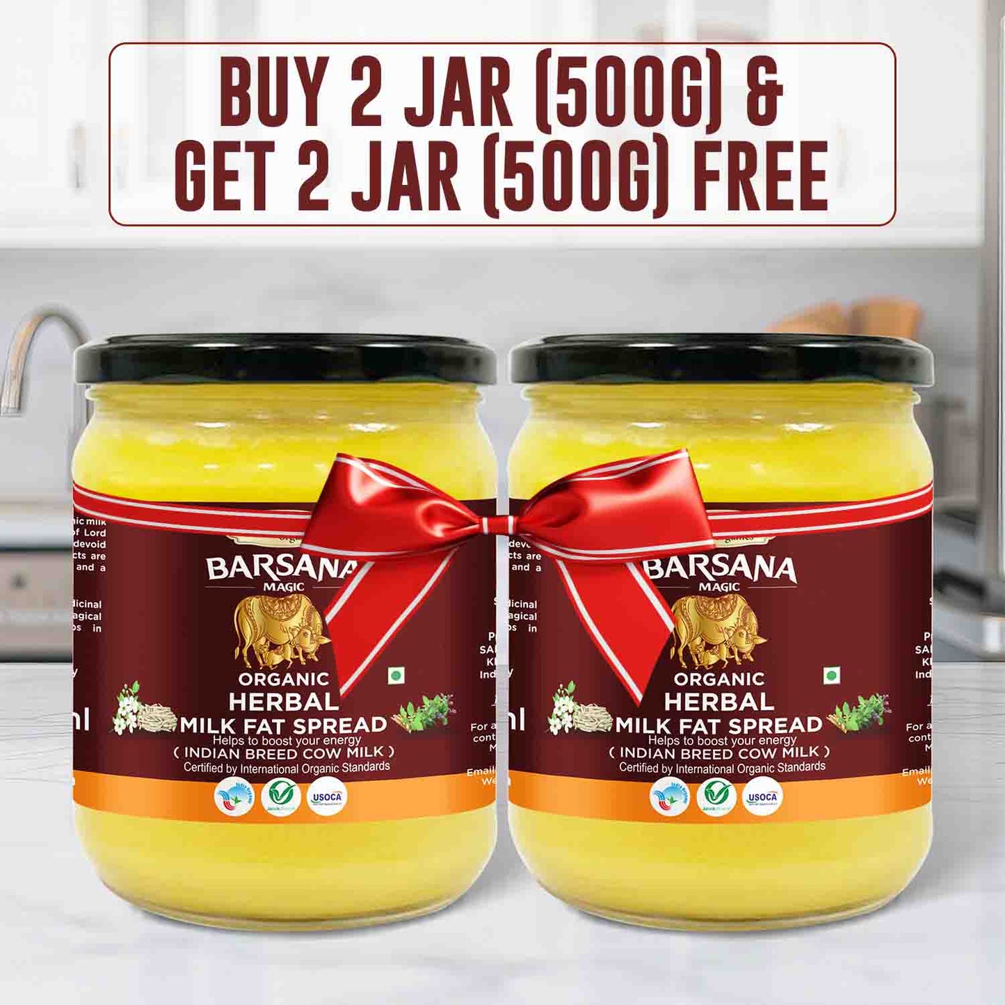 Barsana Magic and Two jars of Barsana Organic Herbal Milk Pat Spread with a promotional offer on a kitchen counter.
