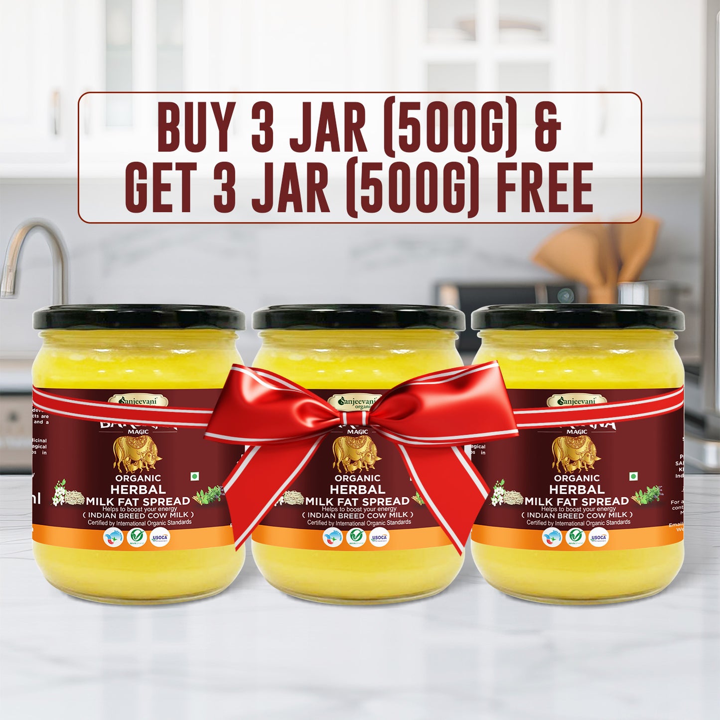 Barsana Magic 3 Jars of organic herbal milk fat spread with a promotional banner in a kitchen setting.