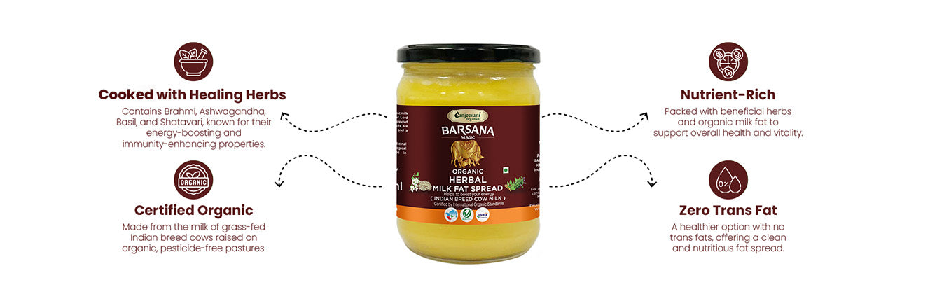 Barsana Magic and Jar of Herbal Ghee Spread with text highlighting its benefits on a white background