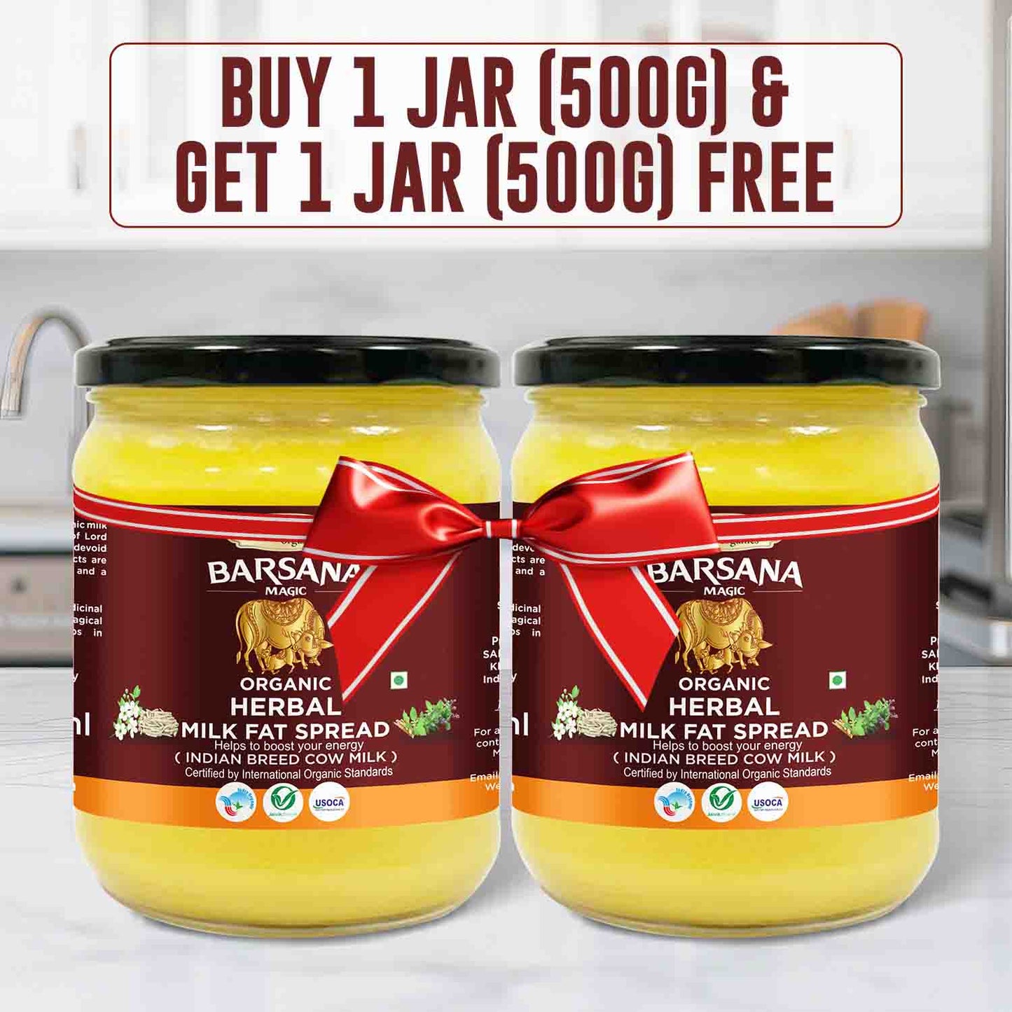 Barsana Magic and Two jars of Barsana Organic Herbal Milk Pat Spread with a promotional banner above them.
