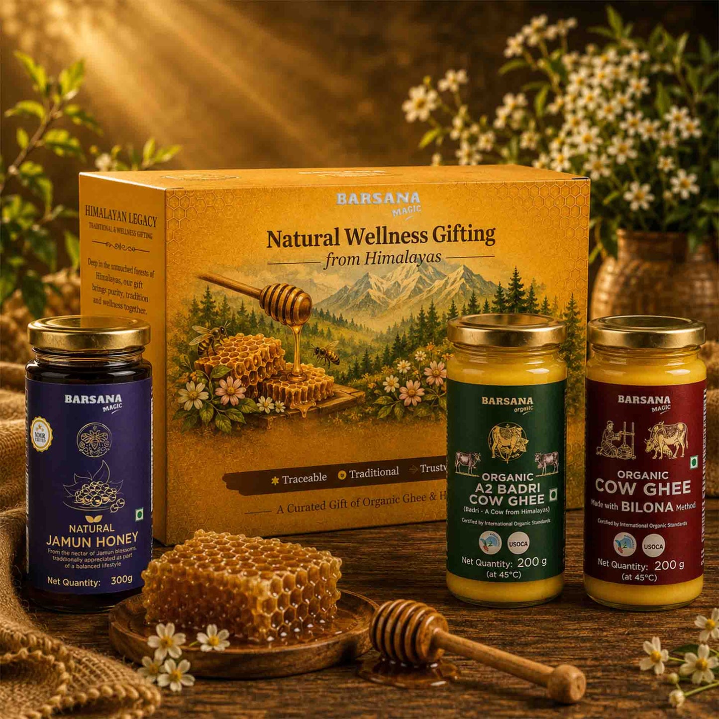 Barsana Magic and A BarSana Wellness gift set featuring three jars of organic honey and cow ghee arranged in front of a decorative wooden box on a rustic wooden surface with flowers and honeycomb props.