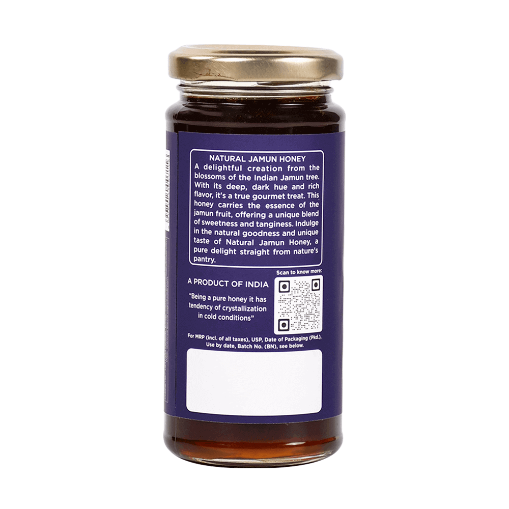 Pure 100% Natural Jamun Honey in a 300g jar, showcasing a rich, golden-amber hue with a smooth, velvety texture.