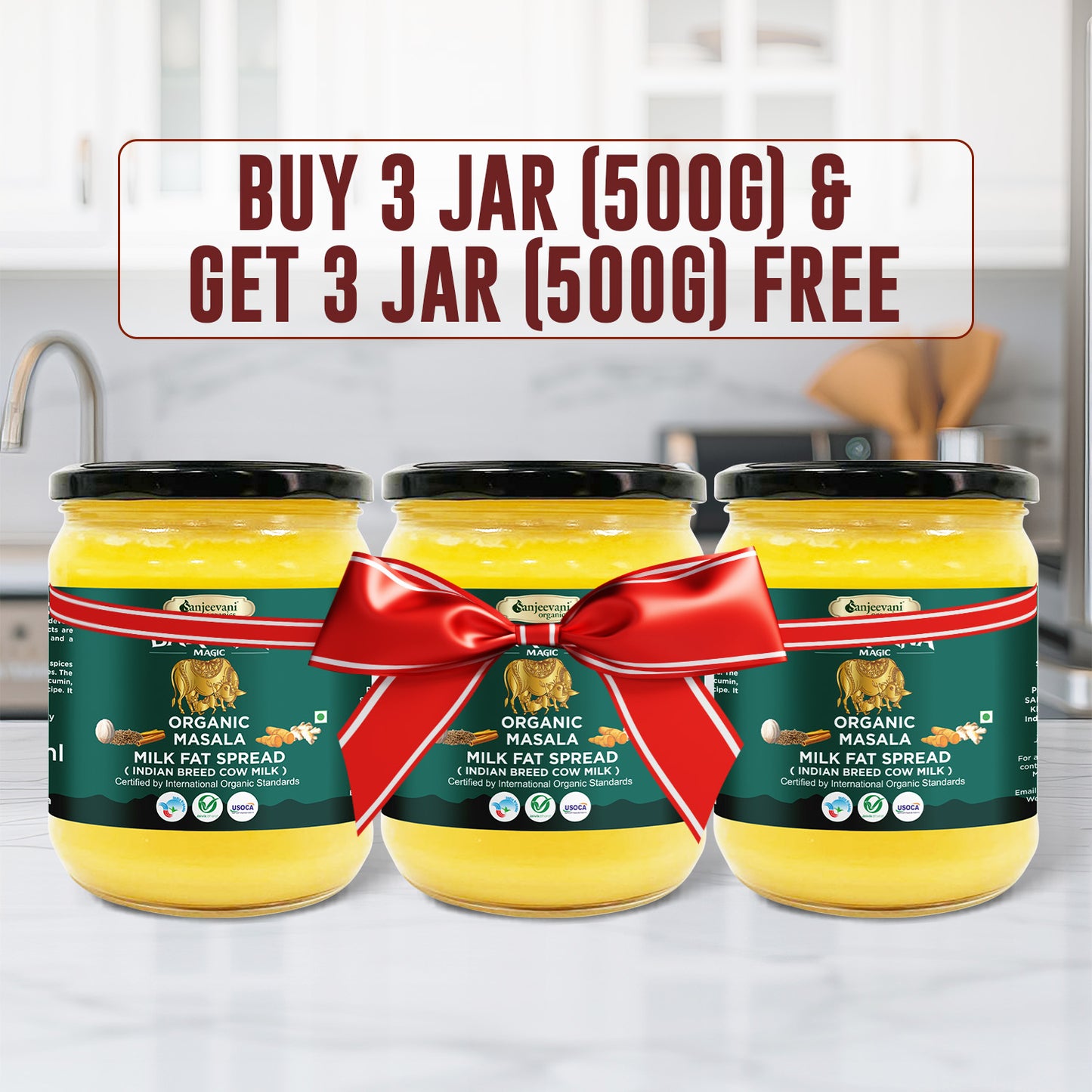 Barsana Magic 3 jars of organic masala milk spread with a red ribbon on a kitchen counter.