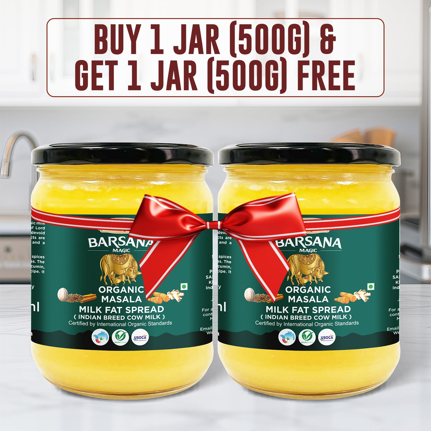 Barsana Magic 2 Jars of Barsana Organic Milk Fat Spread with a promotional banner above them.