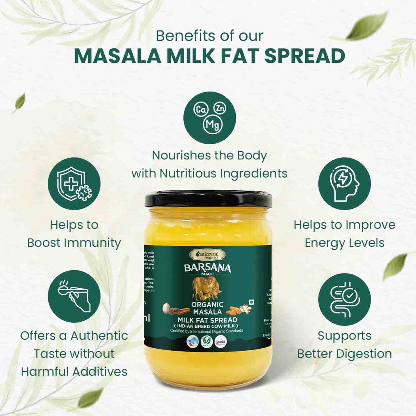 Barsana Magic Jar of Barsana Masala Milk Fat Spread with health benefits listed on a white background with green leaves.