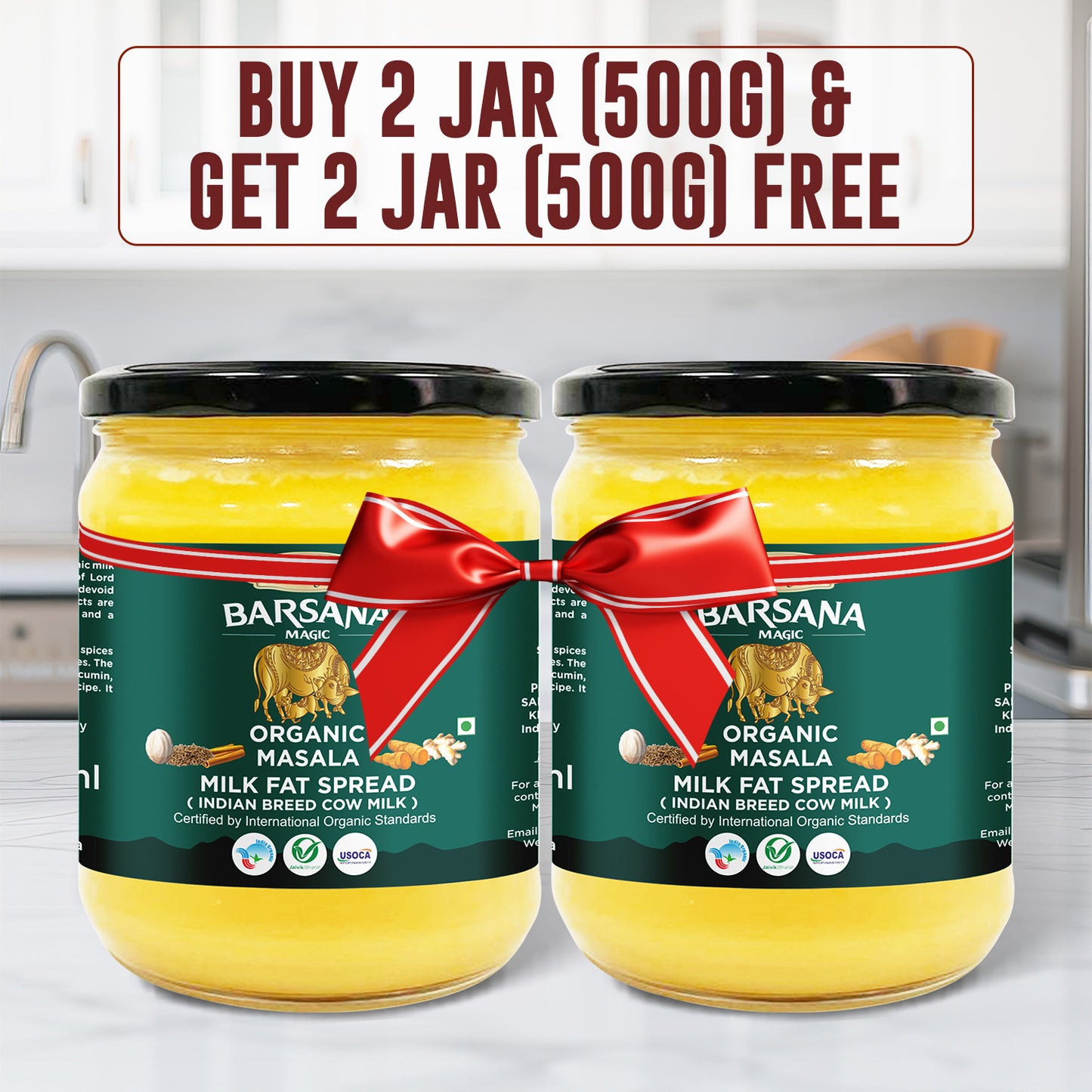 Barsana Magic 2 Jar of Organic Milk Fat Spread with a promotional banner above them.