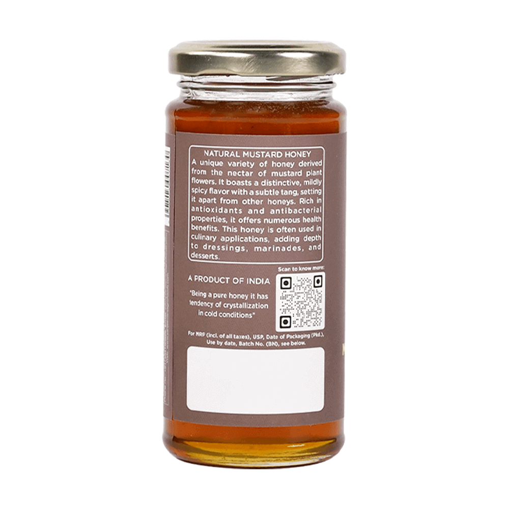 Pure Sanjeevani Organics Mustard Honey in a 300g jar, showcasing a golden hue from nectar of vibrant mustard flowers.