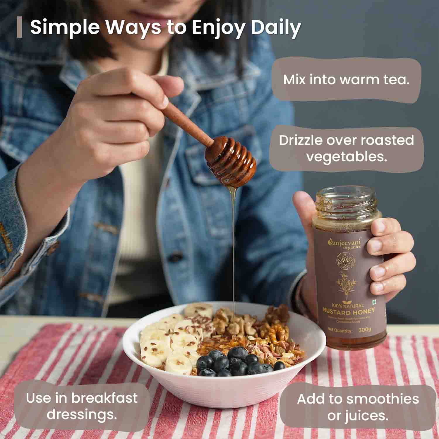 Golden jar of Sanjeevani Organics Natural Mustard Honey, reflecting the vibrant yellow of mustard flowers in bloom.