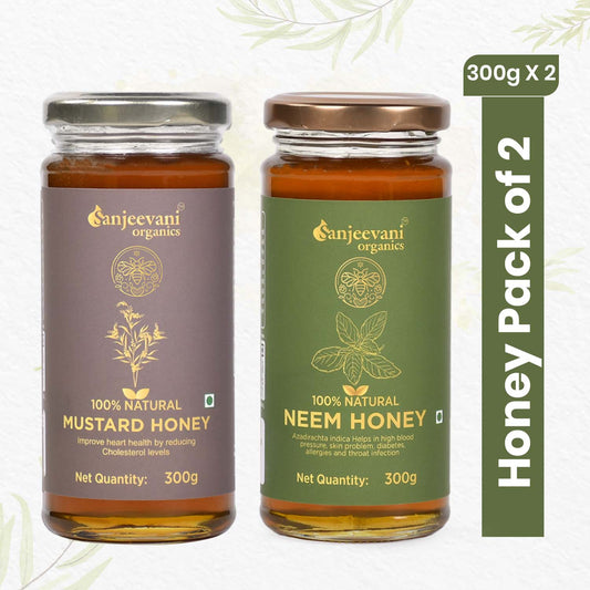 Two  "alt_text": "Two jars of 100% Natural Mustard Honey and Neem Honey, showcasing pure, golden hues in a wellness-focused combo."
}