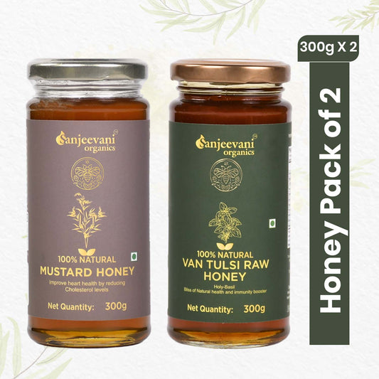 Pure Sanjeevani Organics combo pack featuring golden Van Tulsi Raw Honey with Holy Basil and vibrant Mustard Honey jars.