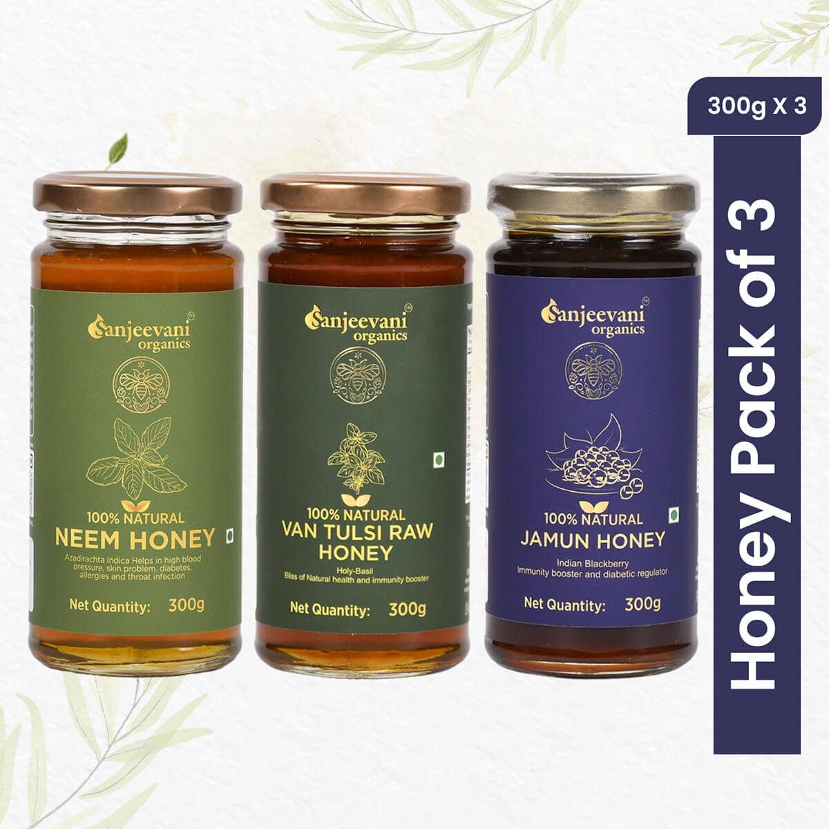 Trio of 100% natural honeys—Neem, Van Tulsi, and Jamun—in glass jars, showcasing golden hues and pure, raw sweetness.