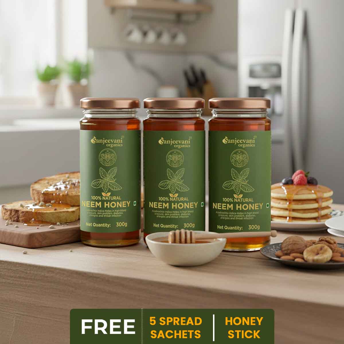 Barsana Magic and Three jars of Neem honey on a kitchen counter with breakfast items.