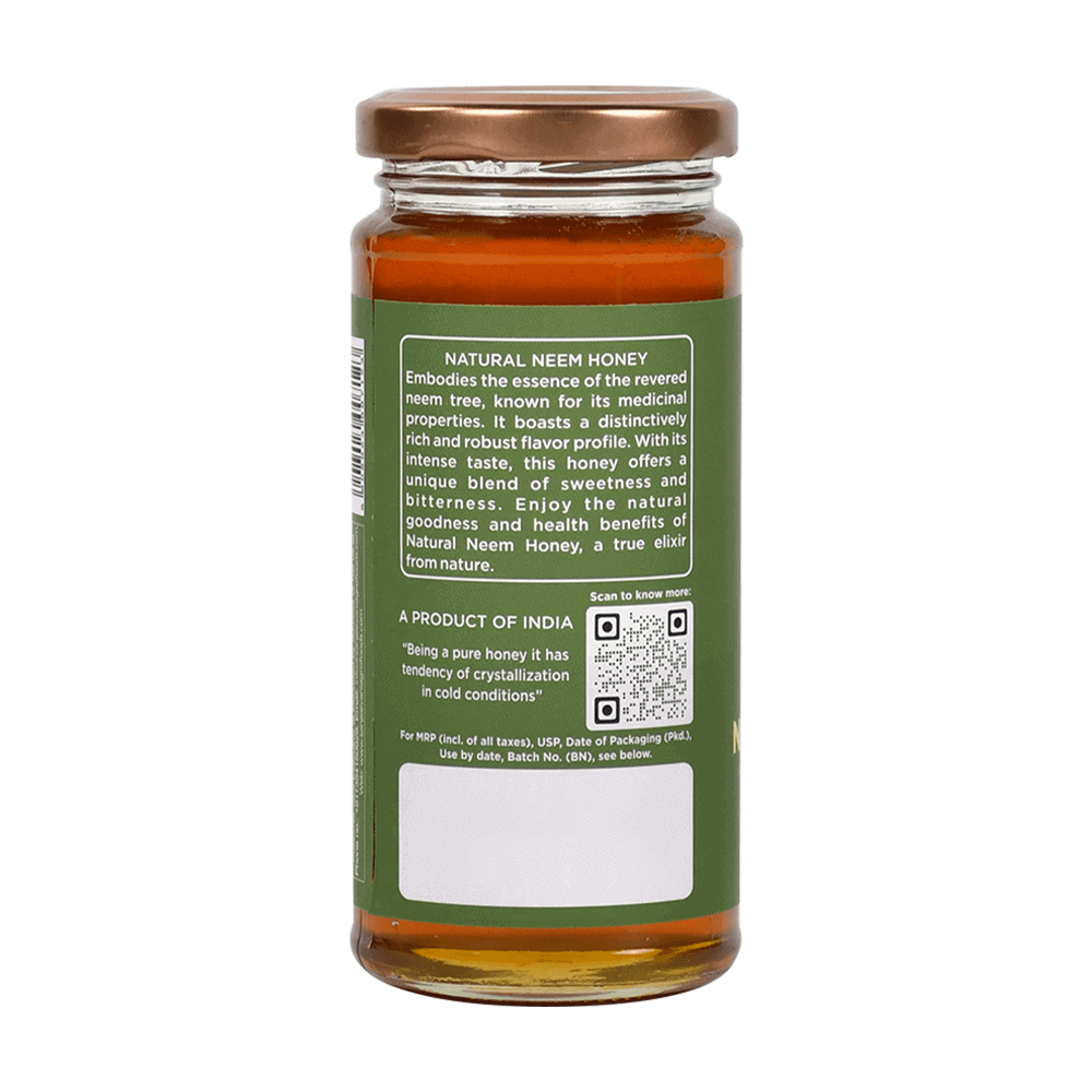 Golden jar of Sanjeevani Organics 100% Natural Neem Honey 300G, showcasing raw honey infused with neem extract for health benefits.