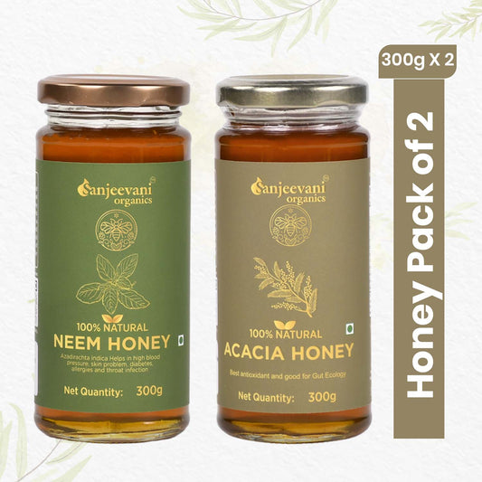Pure Neem and Acacia Honey duo from Sanjeevani Organics, showcasing two jars of golden, natural honey in a vibrant pack.
