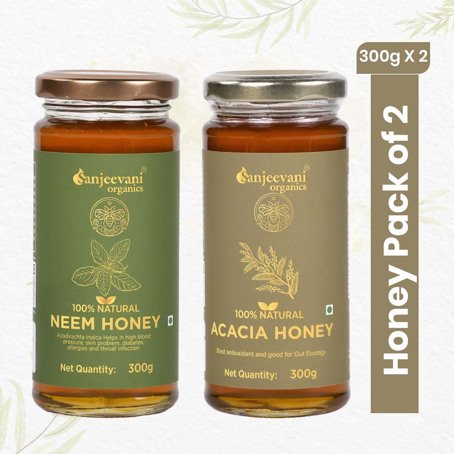 Pure Neem and Acacia Honey duo from Sanjeevani Organics, showcasing two jars of golden, natural honey in a vibrant pack.