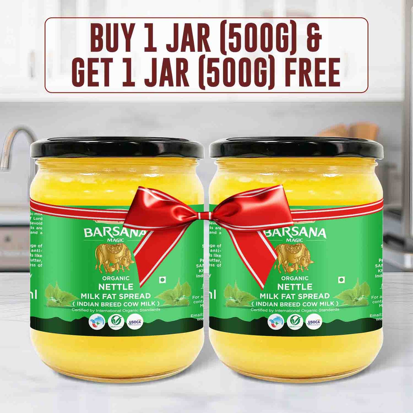 Barsana Magic and Two jars of Barsana Organic Nettle Milk Fat Spread with a promotional offer on a kitchen counter.