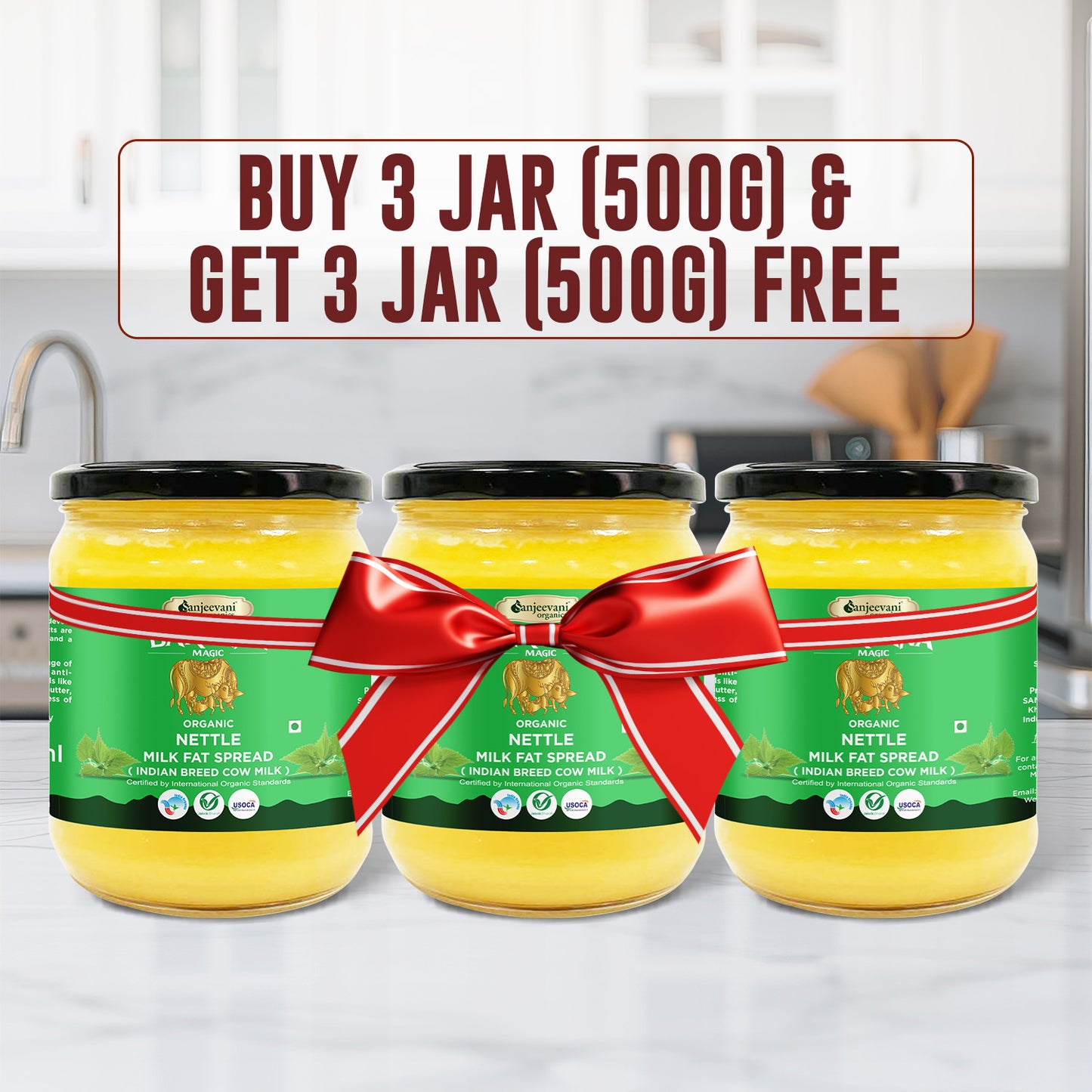 Barsana Magic 3 Jars of a product with a red bow on a kitchen counter
