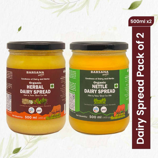 Barsana Magic and Two jars of Barsana Dairy Spread with labels on a white background