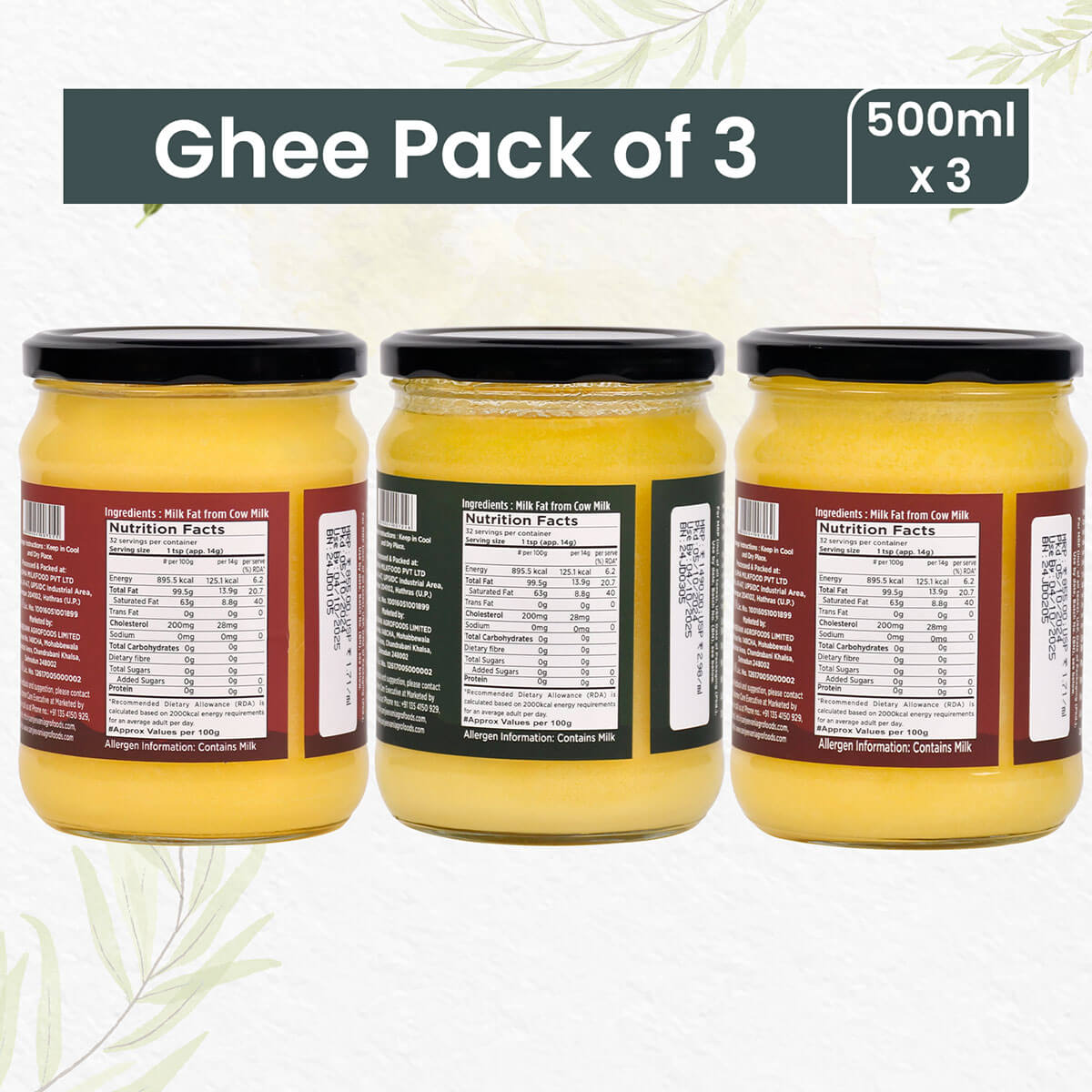 Pure pack of 3 Organic A2 Badri, Cow, and Bilona Ghee jars, showcasing golden, rich textures of traditional Indian ghee.