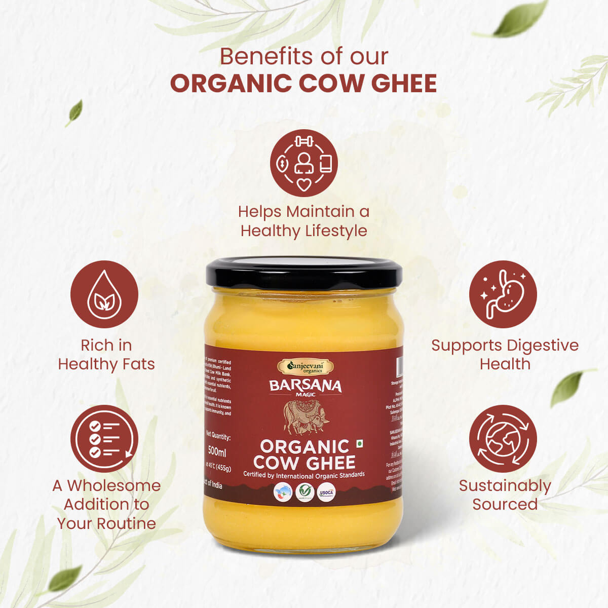Golden-hued Barsana Magic Organic Cow Ghee in a glass jar, showcasing its rich, creamy texture and pure, authentic appeal.