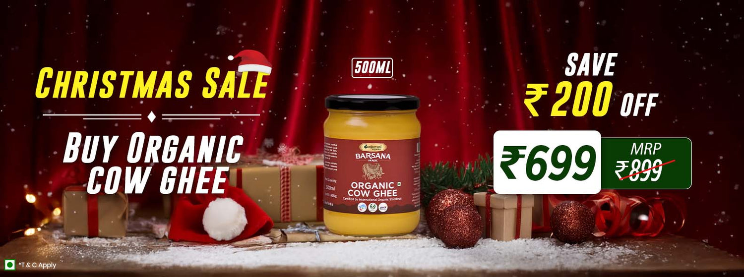 Barsana Magic and Get Pack of 3 ghee extra 9% off with WINTER9 code Barsana Magic and Promotional banner for organic cow ghee with Christmas sale text and product packaging.