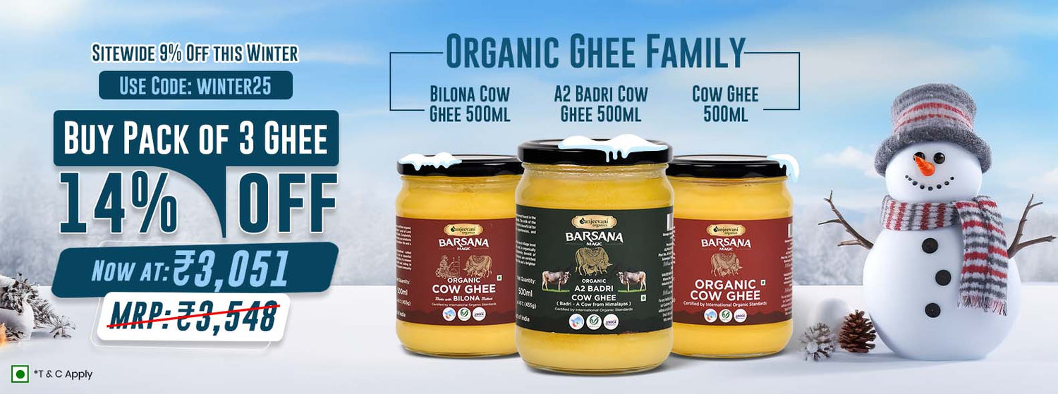 Barsana Magic and Get Pack of 3 ghee extra 9% off with WINTER9 code Barsana Magic and Promotional banner for organic ghee family with product packaging and winter-themed design.