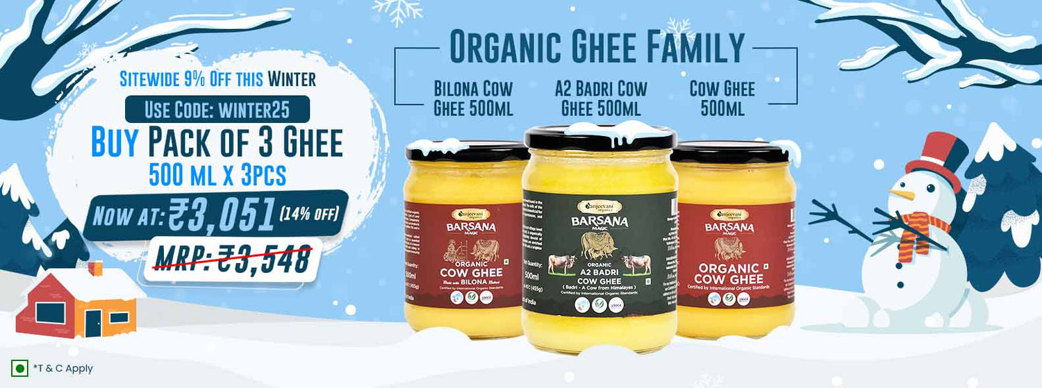 Barsana Magic and Get Pack of 3 ghee extra 9% off with SHUBHDIWALI25 code Barsana Magic and Promotional banner for organic ghee family with product packaging and winter-themed design.