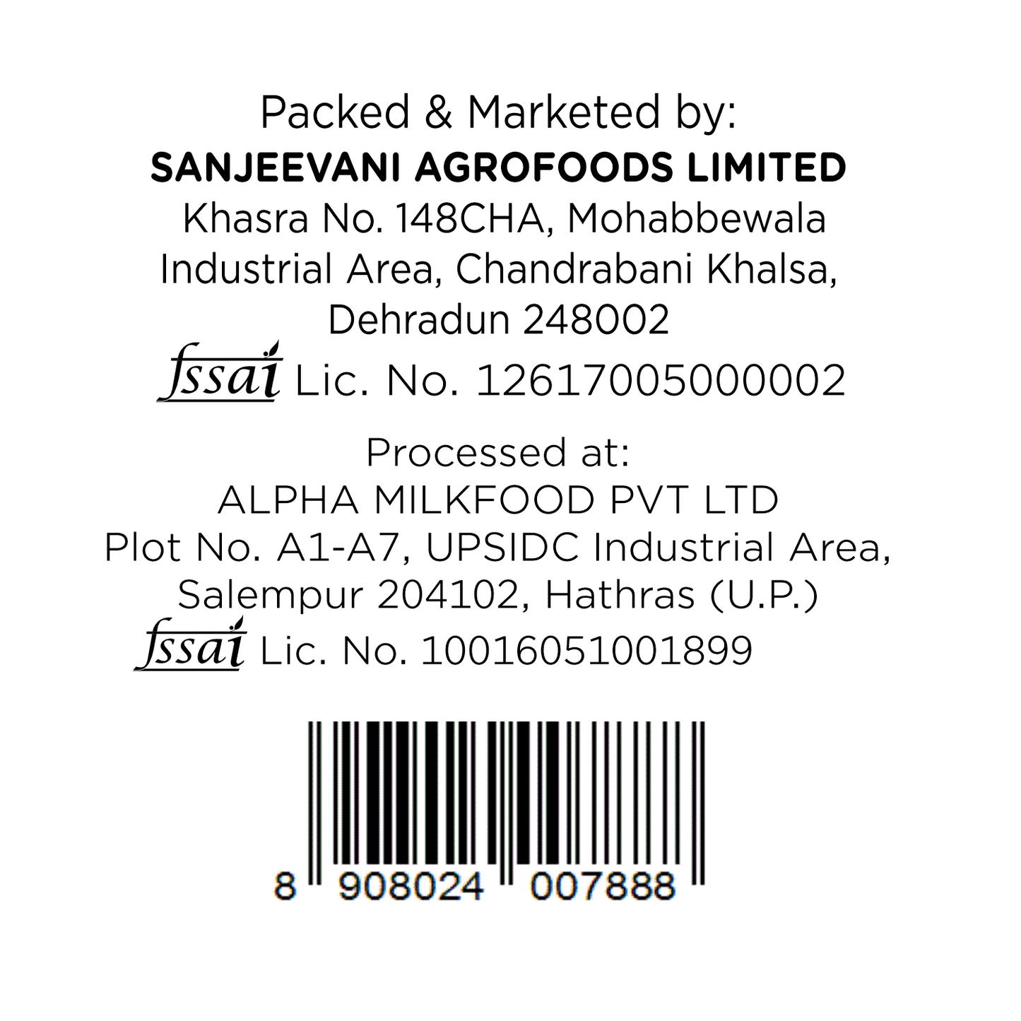 Barsana Magic and Label with Sanjeevani Agrofoods Limited and Alpha Milkfood Pvt Ltd contact information on a white background