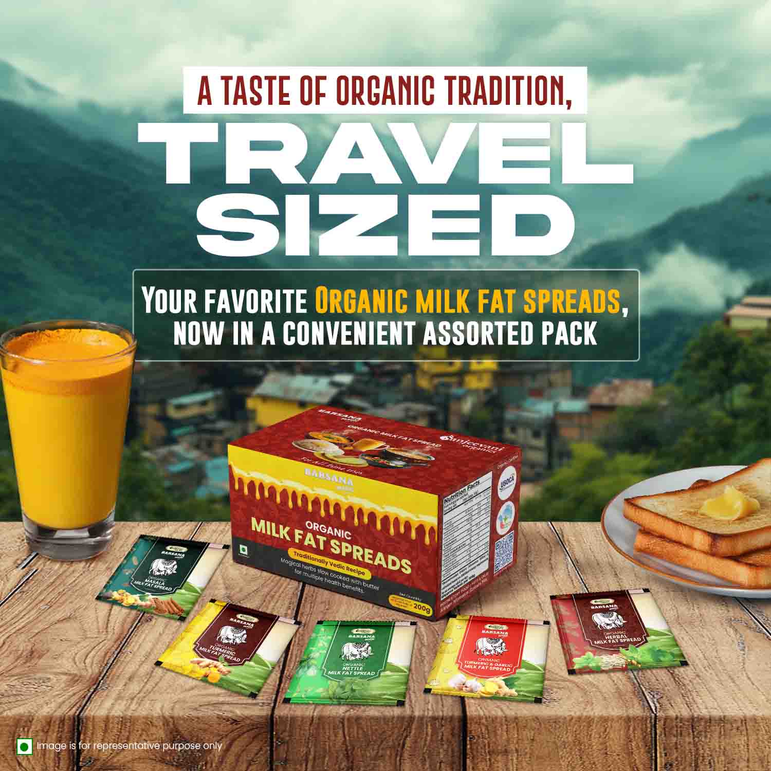 Barsana Magic Assorted organic milk fat spreads packaging with a scenic background