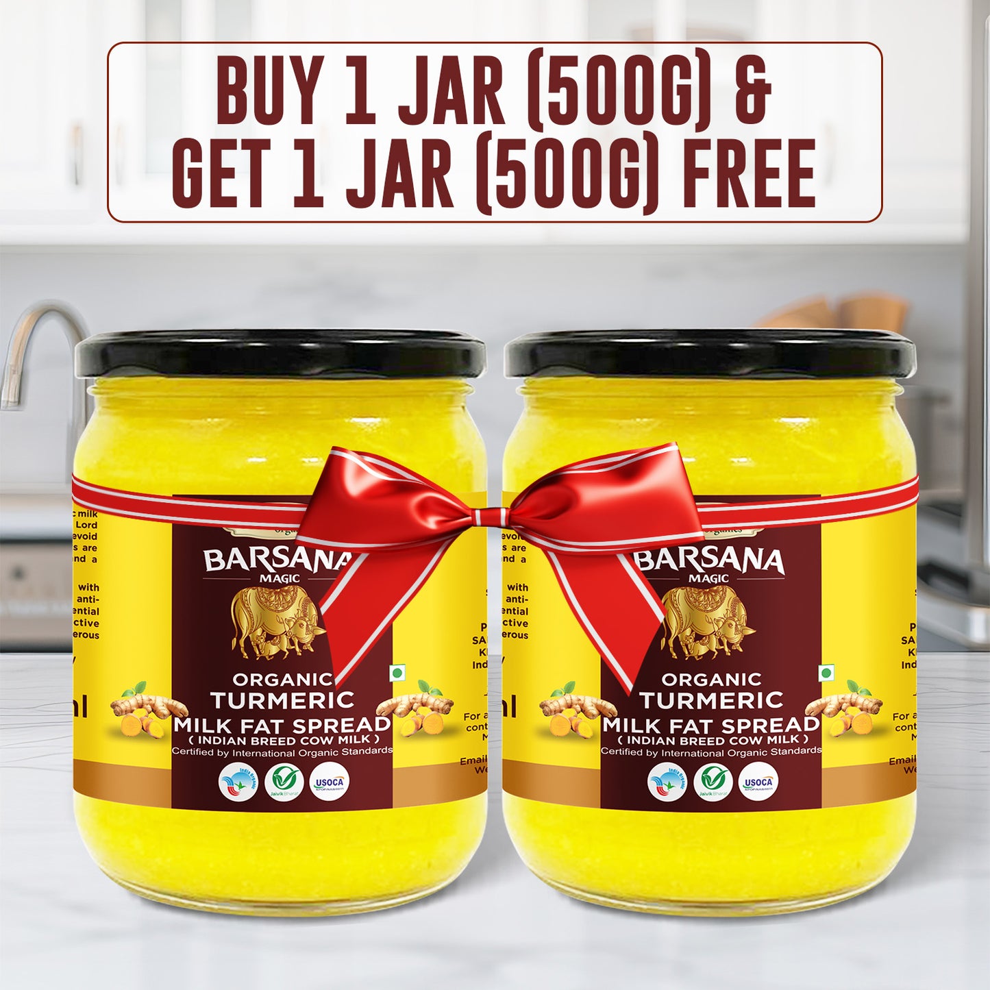 Barsana Magic Two jars of Barsana Organic Turmeric Milk Fat Spread with a promotional banner on a kitchen background.
