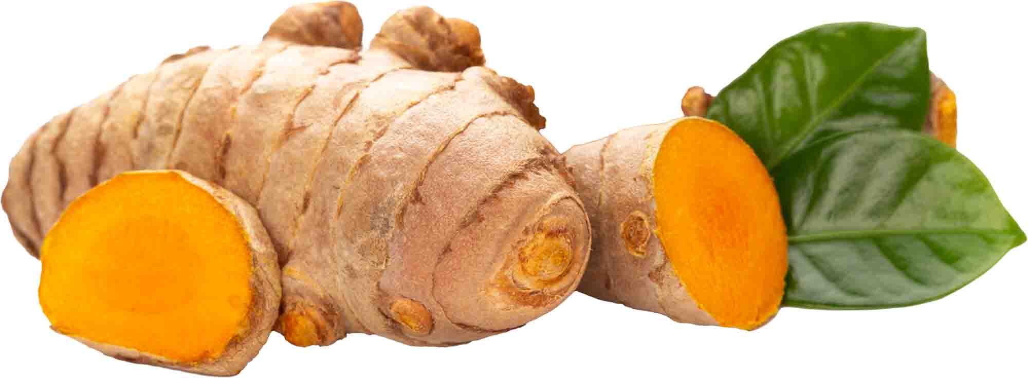 Barsana Magic and Turmeric root with a green leaf on a white background