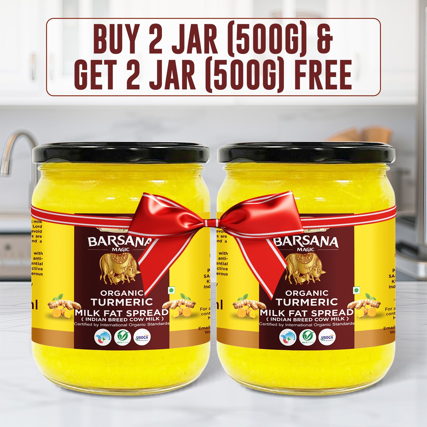 Barsana Magic Two jars of Organic Turmeric Milk Fat Spread with a promotional banner on a kitchen background.