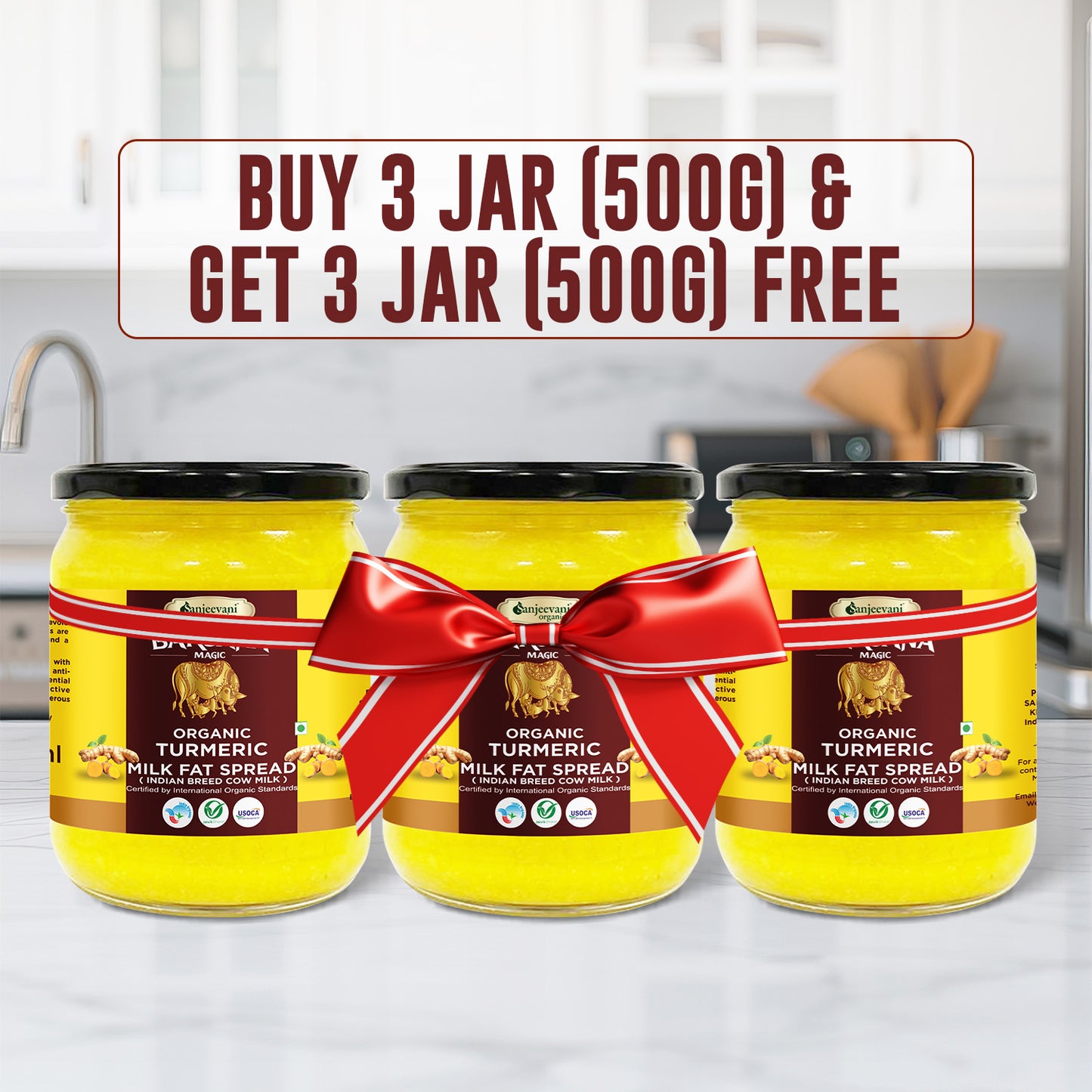 Barsana Magic 3 Jars of turmeric milk fat spread with a red bow on a kitchen counter.