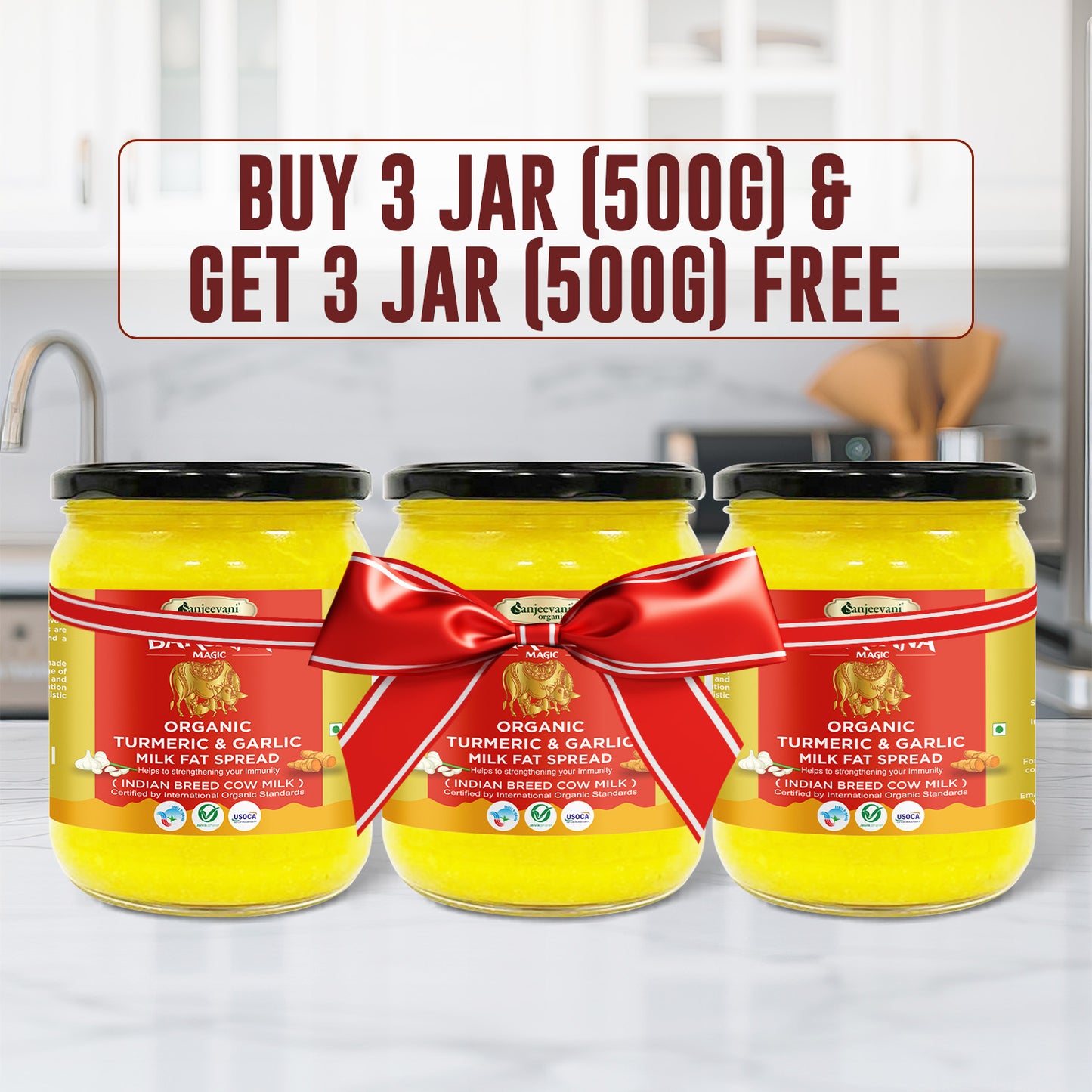 Barsana Magic 3 Jars of organic turmeric and garlic milk fat spread with a red bow on a kitchen counter.