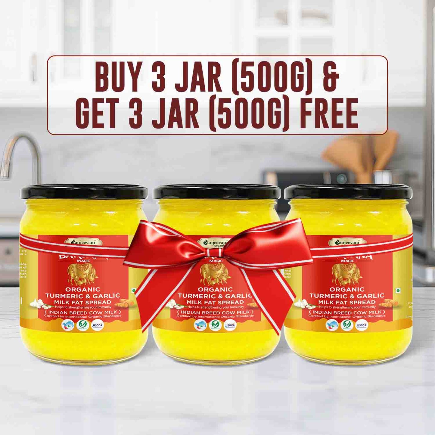 Barsana Magic and Three jars of organic turmeric and garlic milk fat spread with a promotional banner in a kitchen setting.