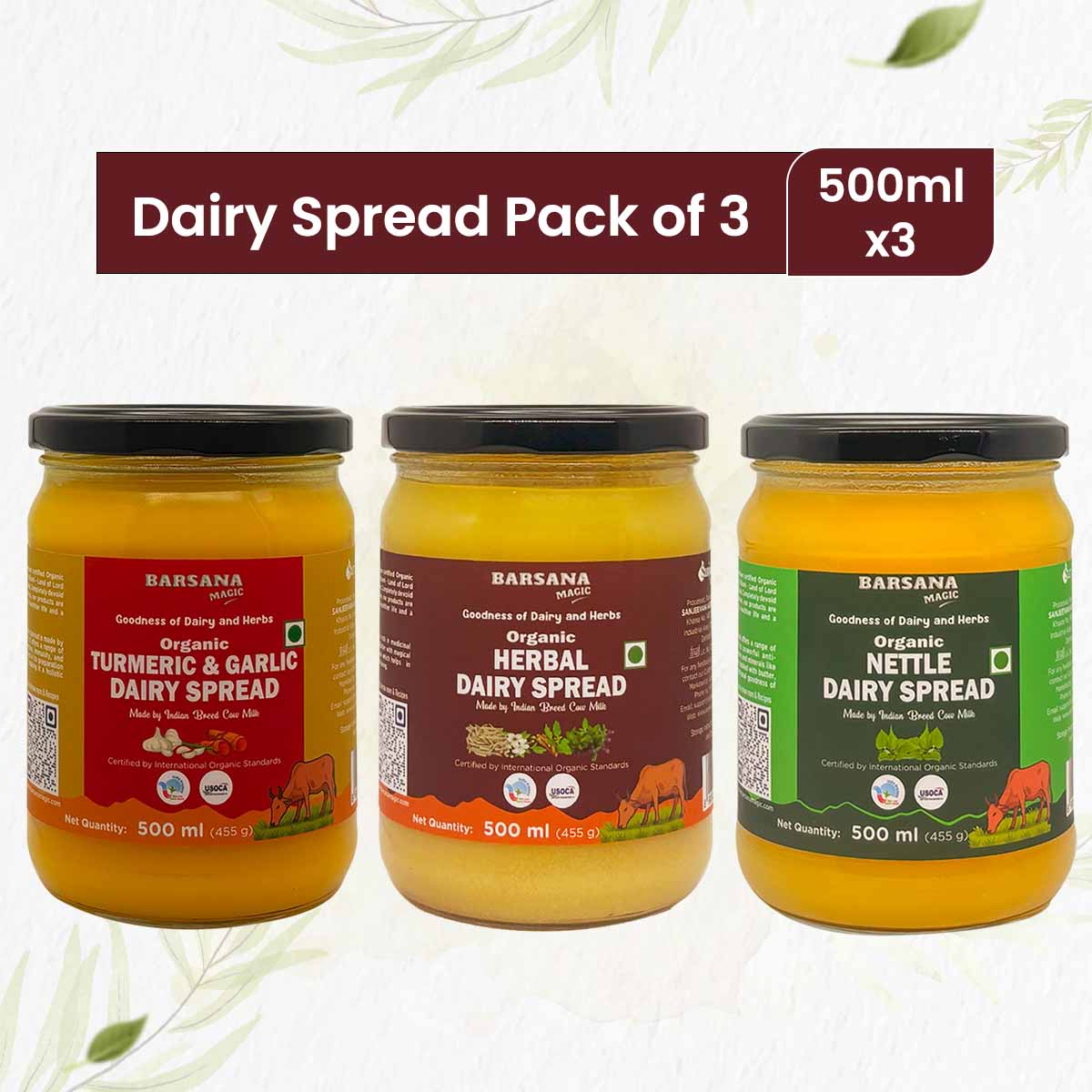 Barsana Magic and Three jars of dairy spread with different labels on a white background