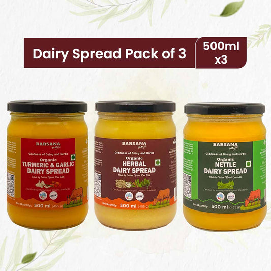 Barsana Magic and Three jars of dairy spread with different labels on a white background