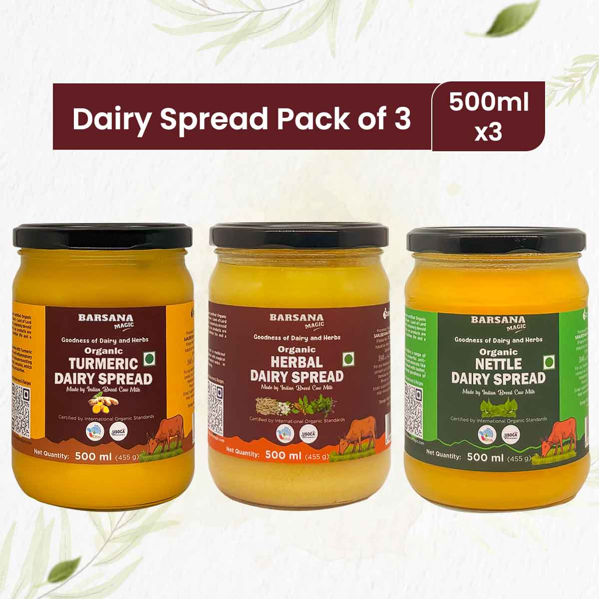 Barsana Magic and Pack of three jars of dairy spread with labels on a white background