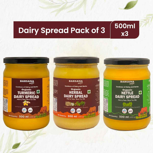 Barsana Magic and Pack of three jars of dairy spread with labels on a white background