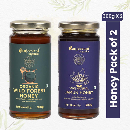 Two jars of Organic Wild Forest Honey and Natural Jamun Honey, showcasing pure, golden sweetness from India's forests.