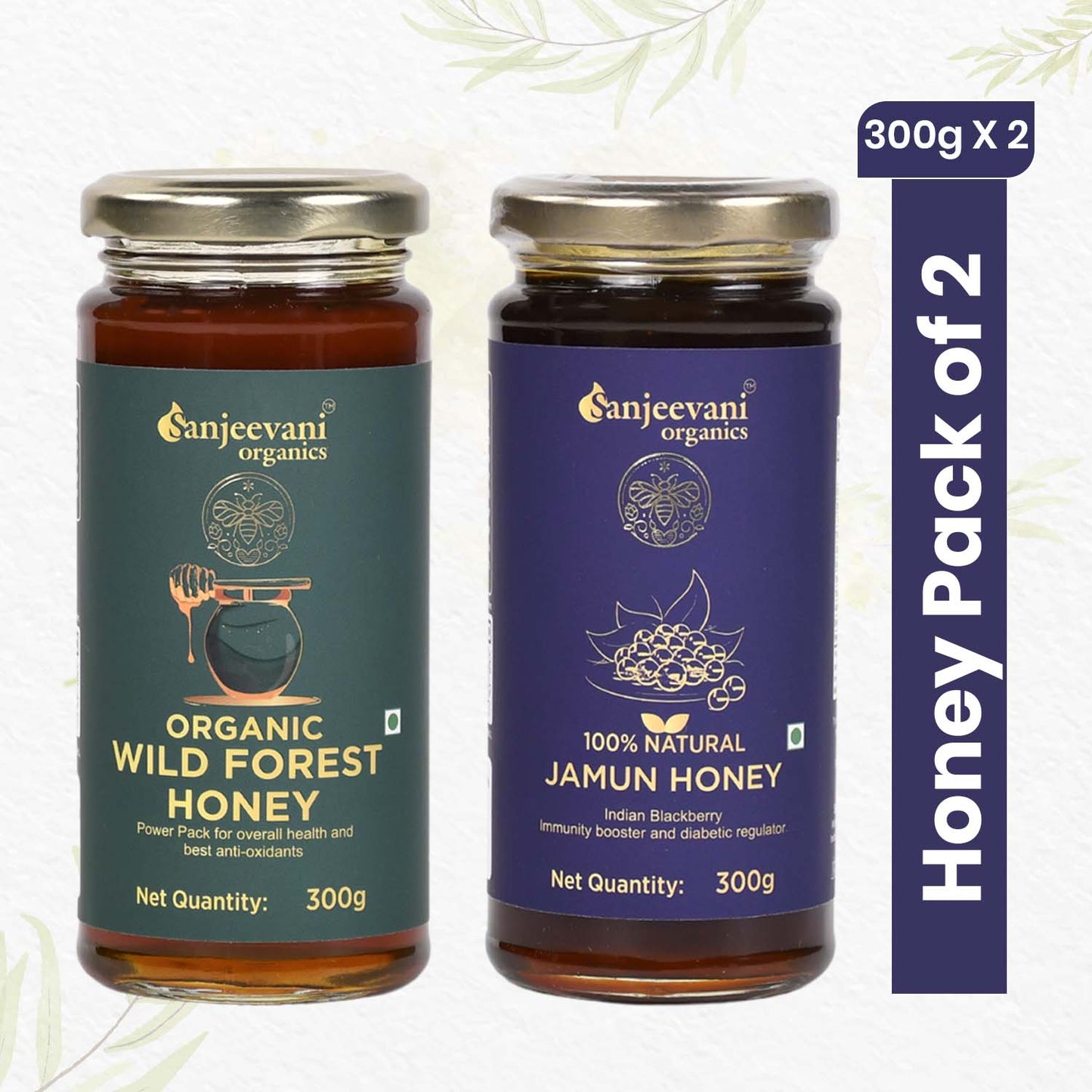 Two jars of Organic Wild Forest Honey and Natural Jamun Honey, showcasing pure, golden sweetness from India's forests.