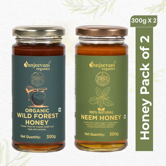 Pure Organic Wild Forest Honey and Natural Neem Honey duo in glass jars, showcasing golden and amber hues of sweetness.